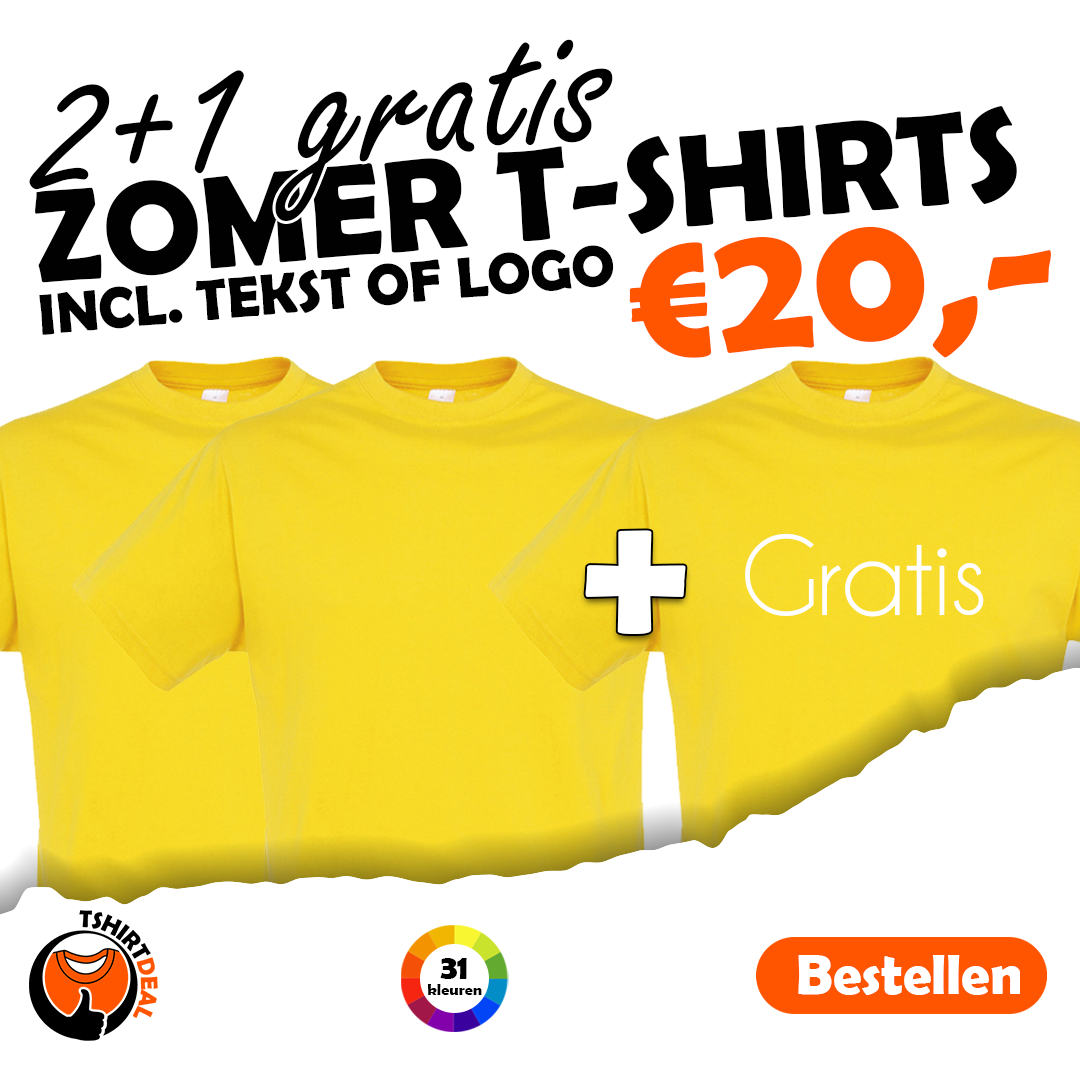 2+1 gratis tshirt bedrukt met tekst of logo